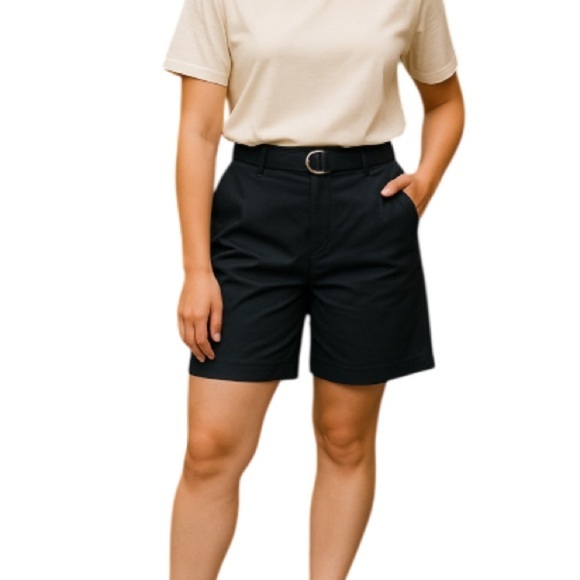 LIZ CLAIBORNE Black Linen Blend Dressy Bermuda Shorts Belt Pockets Flat Front 16 - Picture 1 of 10